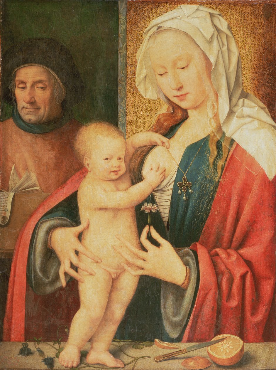 The Holy Family (olja på duk överförd från panel) av Joos van Cleve