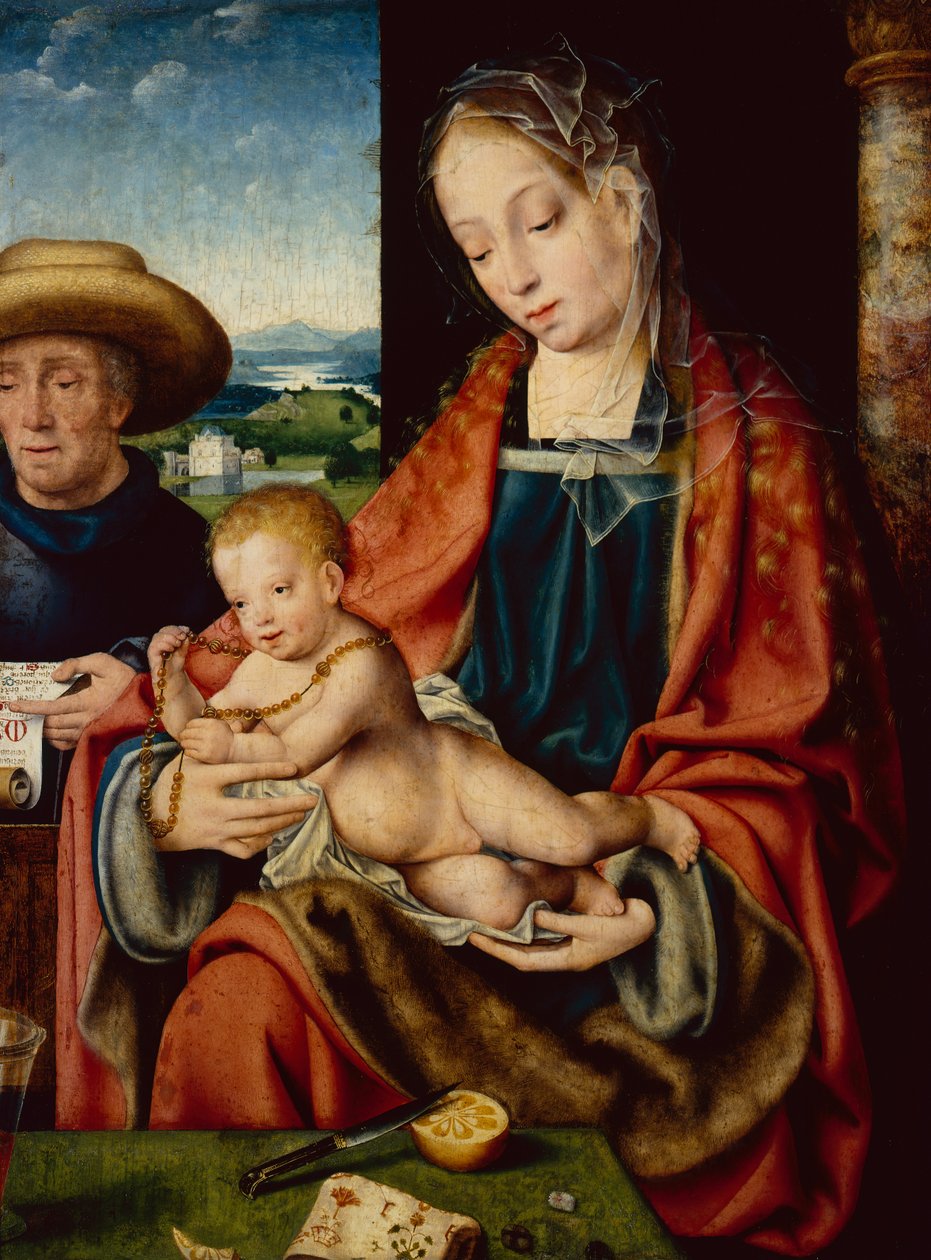 Den heliga familjen (olja på trä) av Joos van Cleve
