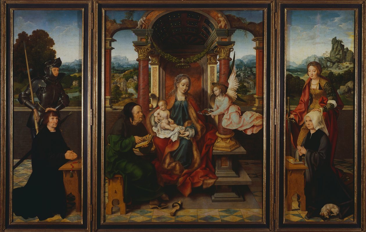 Den heliga familjen, ca 1530, av Joos Van Cleve (1485-1540), triptyk. Belgien av Joos van Cleve