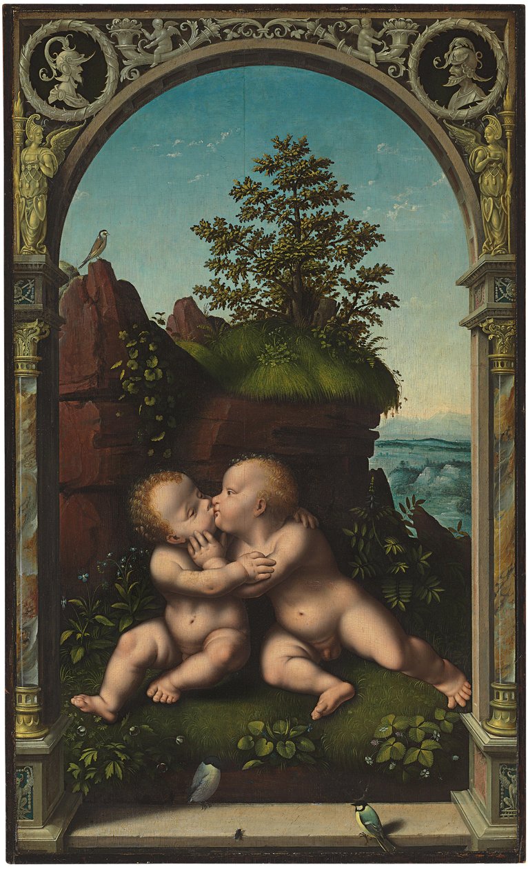 Spädbarnet Kristus och Johannes Döparen som barn som omfamnar sig i ett landskap, omgivet av en klassisk valvgång av Joos van Cleve