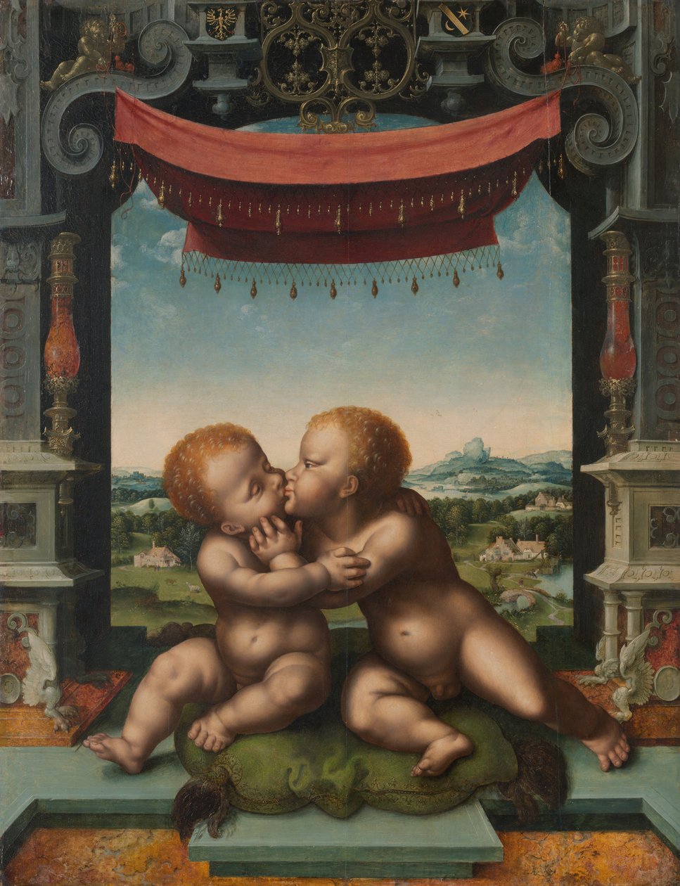 Spädbarnen Kristus och Johannes Döparen omfamnar, 152025 av Joos van Cleve