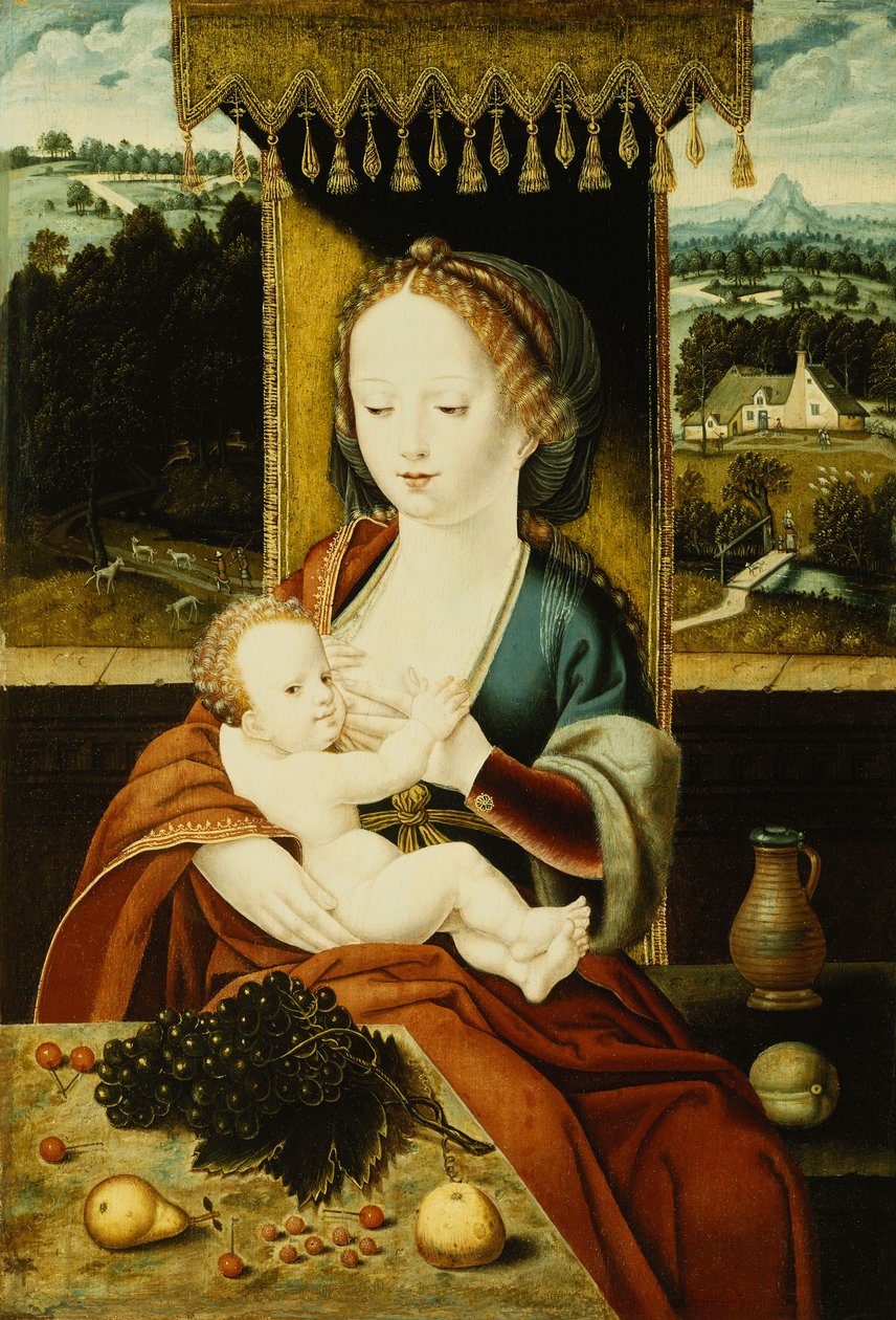 Madonnan och barnet, sittande under en baldakin, vid ett bord med frukt, i ett landskap, av Joos van Cleve