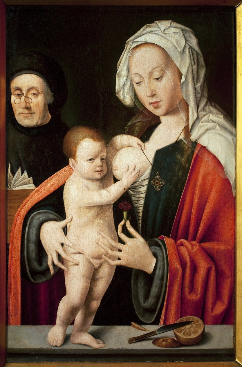 Jungfrun, barnet och en donator. Målning av Joos Van Cleve (1485-1540), olja på trä. Flamländsk konst 1500-talet. Musee Grobet Labadie, Marseille. av Joos van Cleve