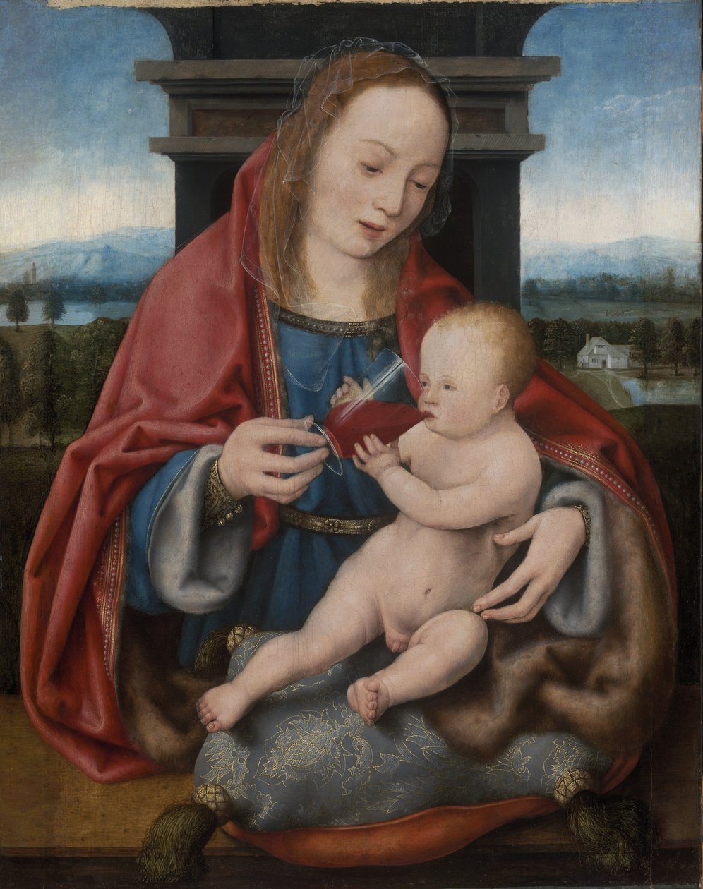 Jungfru Maria med Jesusbarnet drickande vin av Joos van Cleve