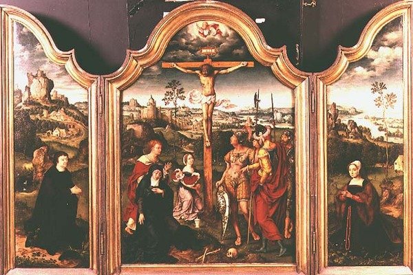 Triptyk: Korsfästelse flankerad av knästående donatorer (olja) av Joos van Cleve