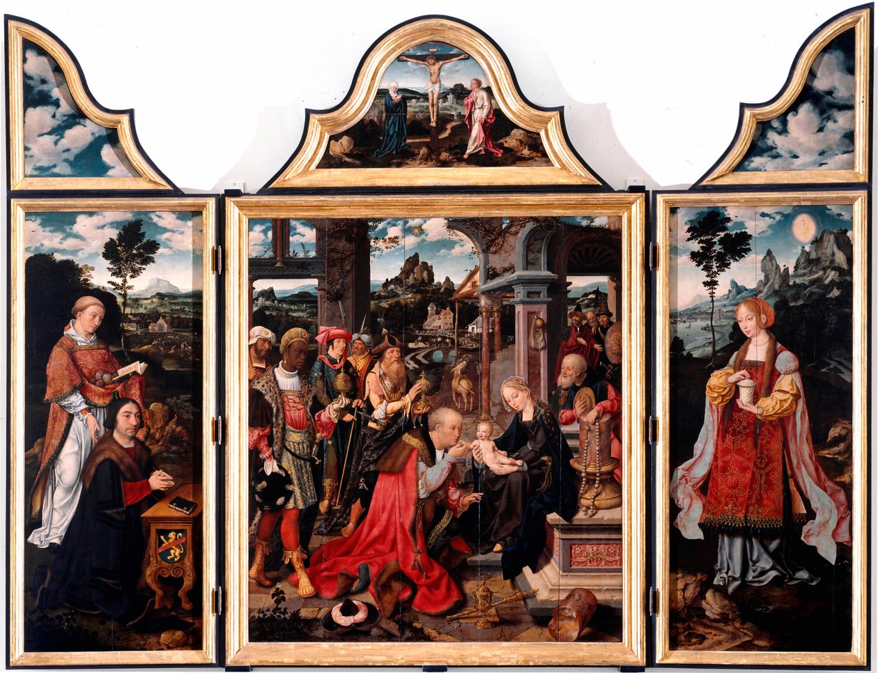 Tryptic of Adoration of the Magi. Målning på trä av Joos Van Cleve den unge (1485-1540) 1515 Dim. 260x200 cm Genes, San Donato-kyrkan av Joos van Cleve