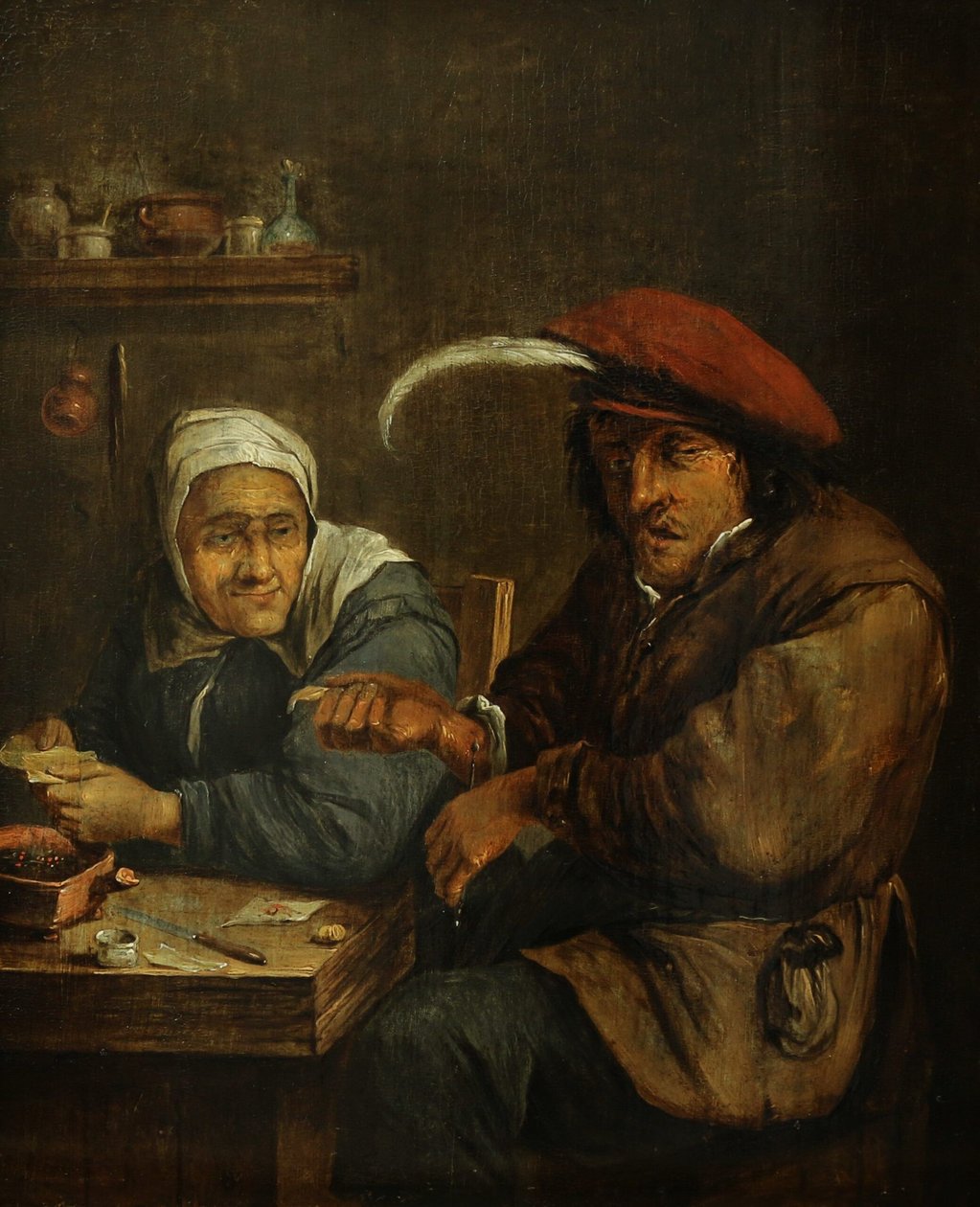 Interiör med en gammal kvinna och en man som tappas på blod (Allegori över känselsinnet) av Joos van Craesbeeck