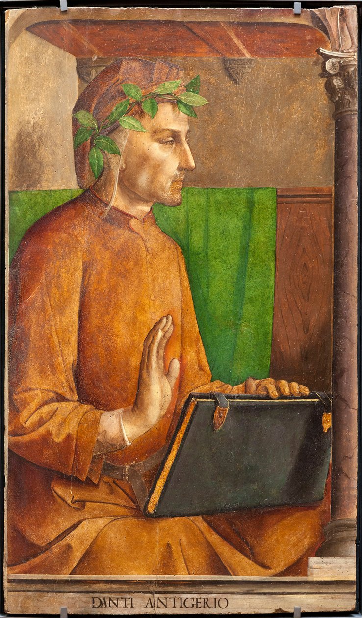 Bild av Dante Alighieri (1265-1321), poet, italiensk författare, författare till den gudomliga komedin, huvudbonad av en liripion - Målning av Juste av Gent (Joos van Wassenhove) (cirka 1435-cirka 1475) och Pedro Berruguete (cirka 1450- före 1504), del av  av Joos van Gent (fl.1460 75)