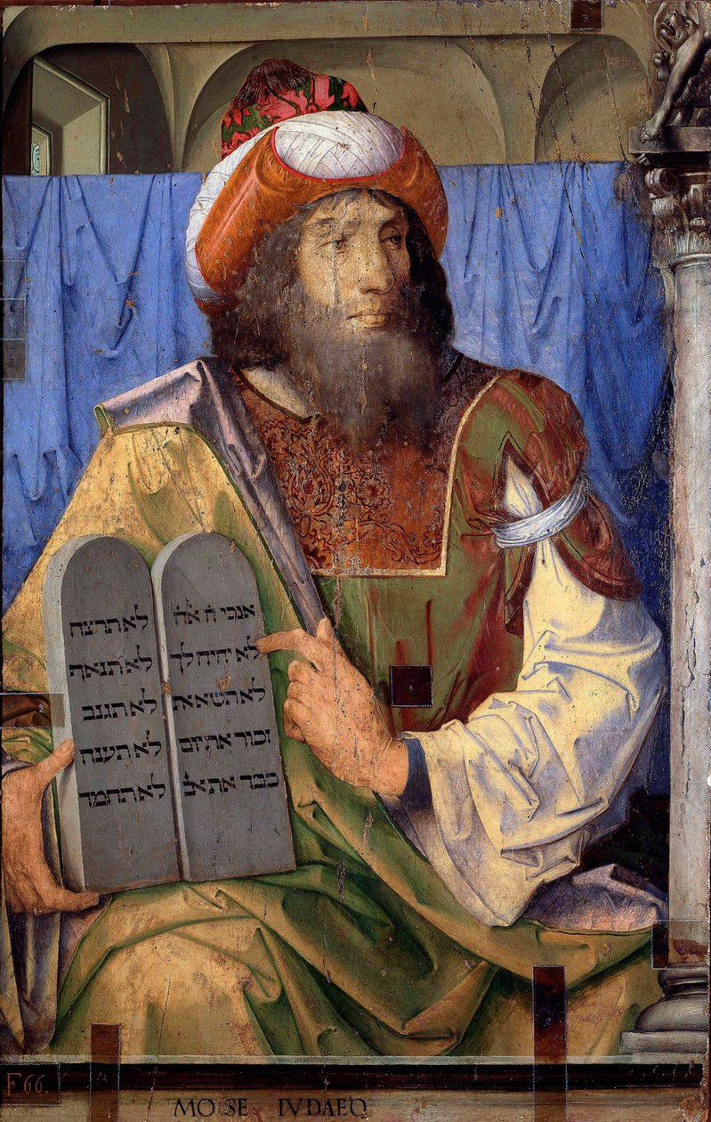Porträtt av berömda män: Moses och lagtabeller. Målning av Joos van Wassenhove (eller Justus van Gent även känd som Josse eller Jodocus av Gent, eller Giusto di Ghent eller Juste de Ghent, verksam mellan 1460-1475). Måla på trä. Mått: 74 x 115 cm. Museo N av Joos van Gent (fl.1460 75)