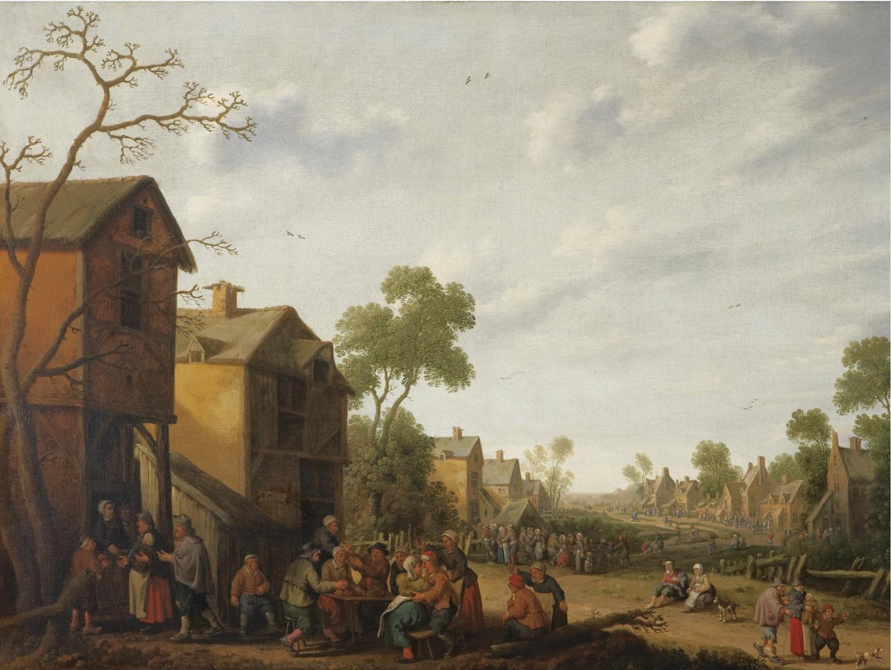 En byscen med bönder som äter och dricker utanför ett värdshus, tiggare till vänster av Joost Cornelisz Droochsloot