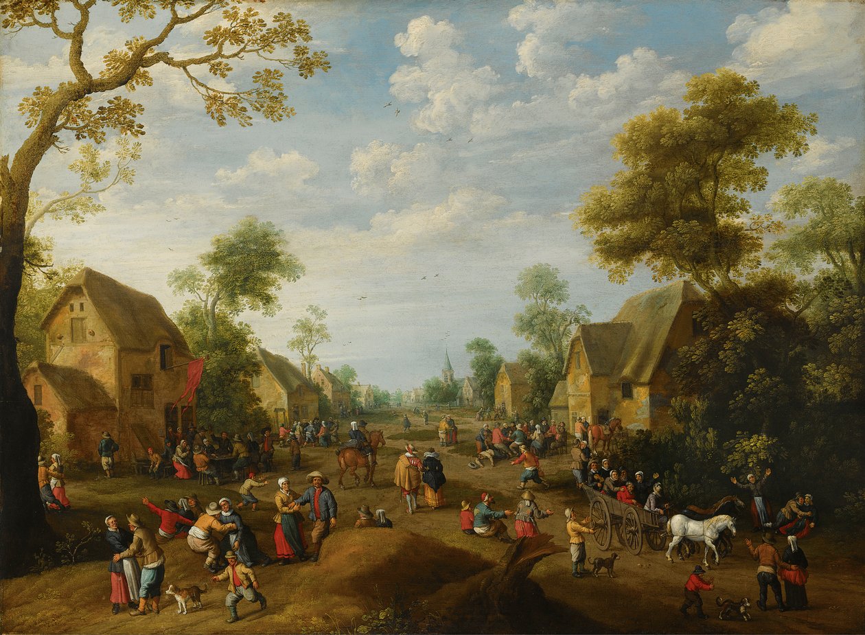 En kermesse i en by med många bönder som festar av Joost Cornelisz Droochsloot