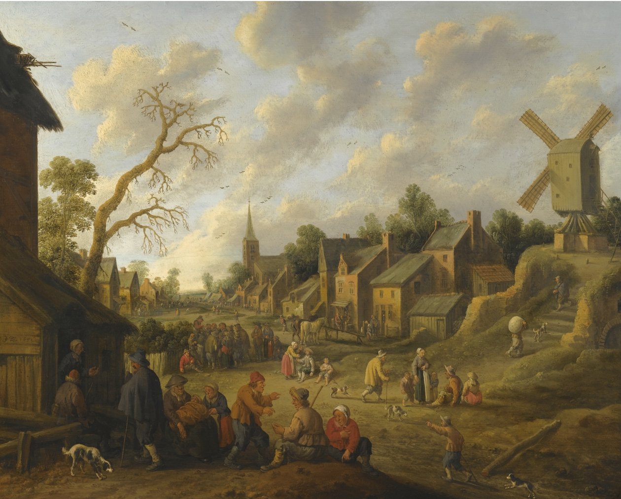 En bred gata genom en by fylld med många figurer och med utsikt över en väderkvarn av Joost Cornelisz Droochsloot