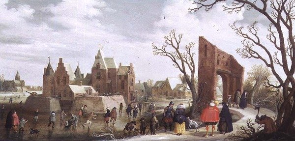 Skridskoåkare i ett vinterlandskap av Joost Cornelisz. Droochsloot