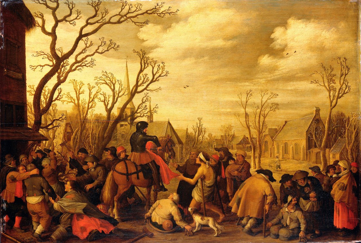 St Martin skär av en del av sin mantel för en tiggare av Joost Cornelisz Droochsloot