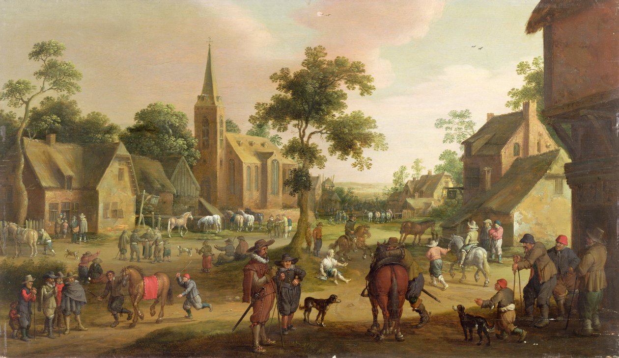 Resande, tiggare och hästkopare i en by av Joost Cornelisz. Droochsloot