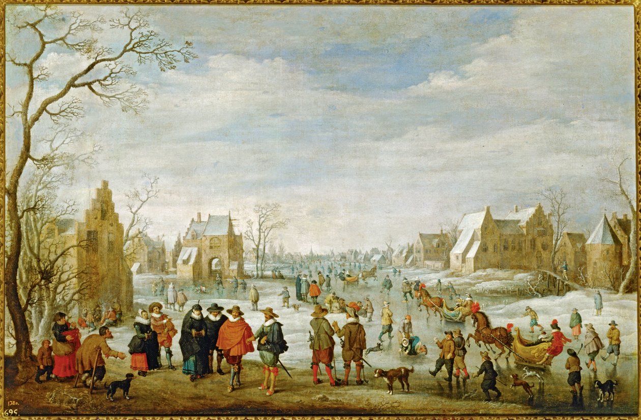 Vinterlandskap med skridskoåkare ... (målning på duk) av Joost Cornelisz Droochsloot