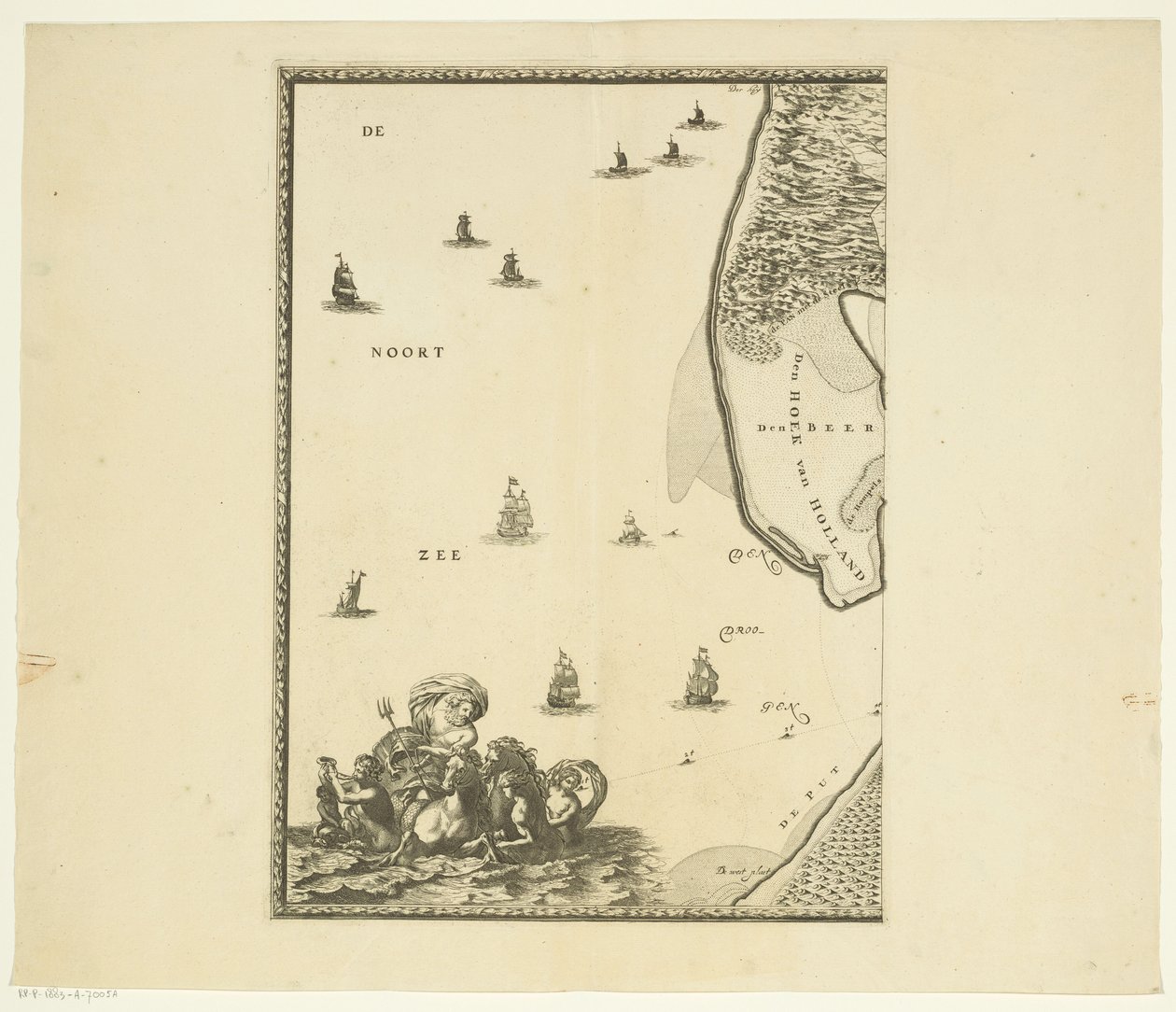 Karta över Maas från Rotterdam till Nordsjön (del ett) Skildring av Maes från staden Rotterdam till havet, med närliggande städer och platser, sand, torra marker och banor, som de som man seglade mot idag av Joost van Geel
