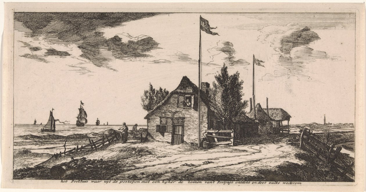 Posthus med en brevbärare på utkik Vykort (serietitel) av Joost van Geel