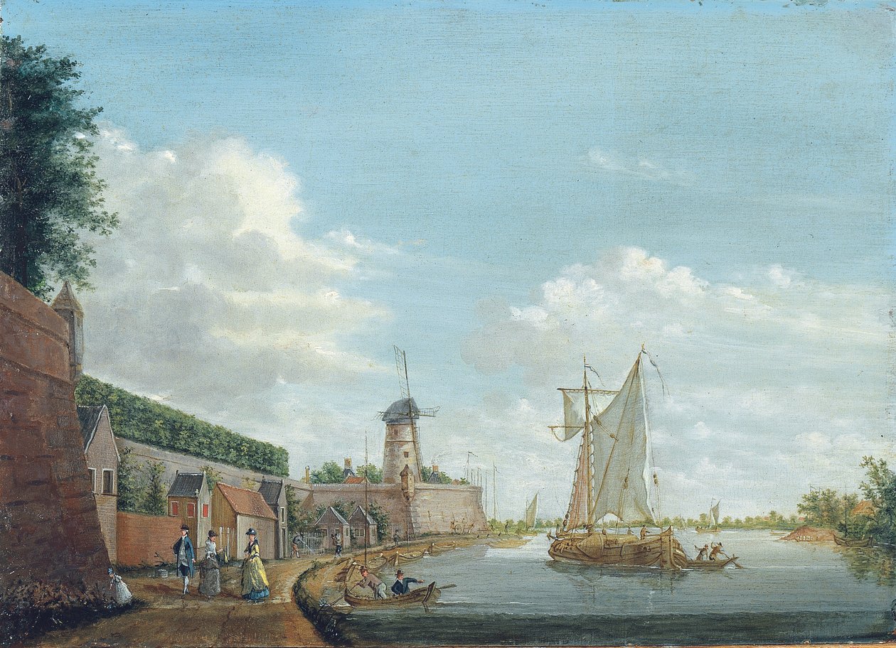 Ett flodlandskap med elegant stadsbor som promenerar vid en stadsmur, ca 1776 av Jordanus Hoorn