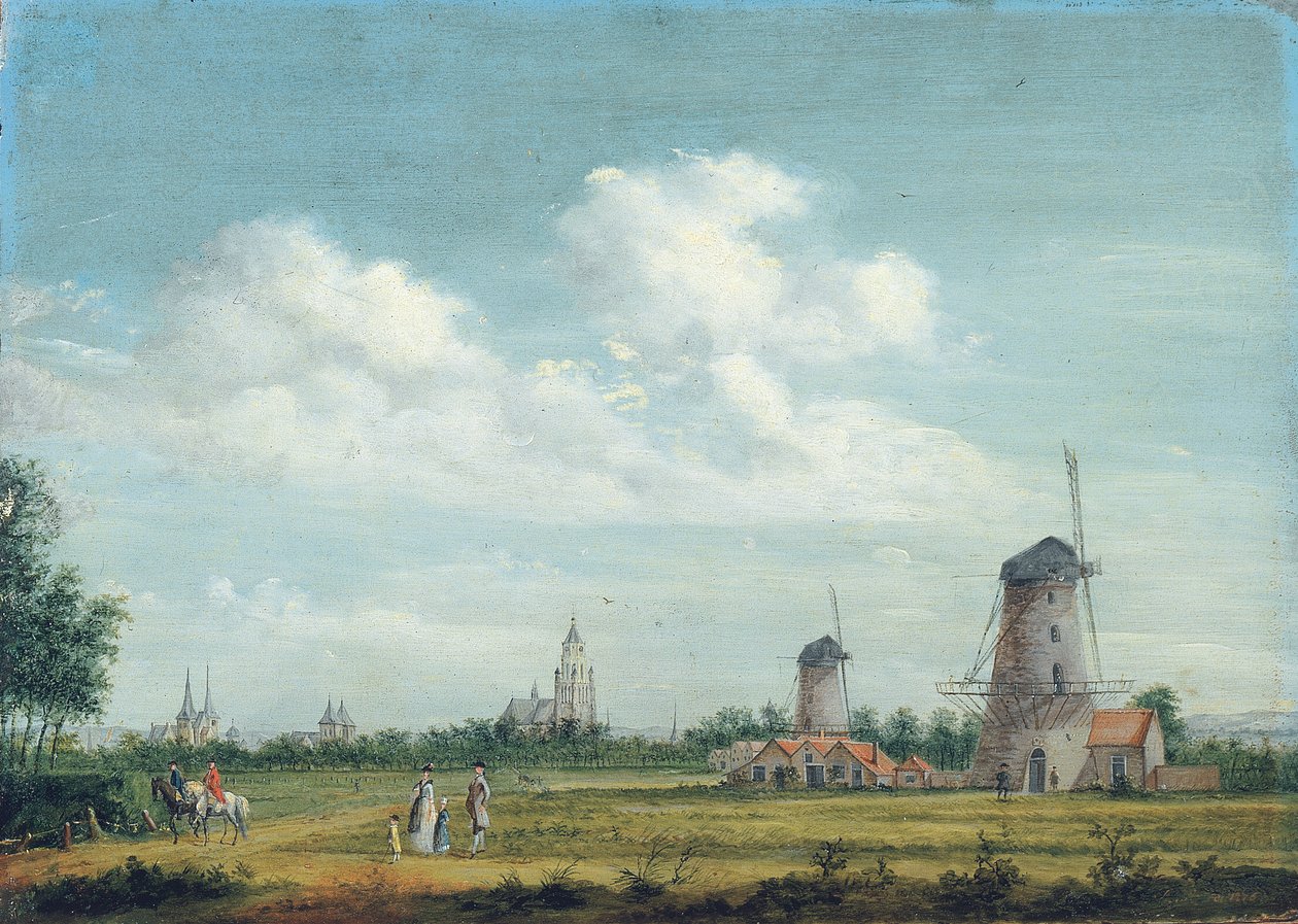 Utsikt över Arnhem med St. Walburgiskerk till vänster och Grote Kerk till höger, elegant stadsfolk som promenerar i närheten, 1776 av Jordanus Hoorn