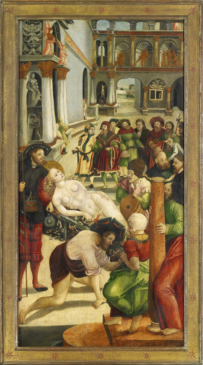 Sainte Agathe sur le bucher - The Burning. Vinge från Saint Agatha-altaret - Greimold, Joerg (Jorg) (ca 1500-efter 1540) - 1523 - Olja på trä - 109x57 - Stadtmuseum Weilheim av Jörg Greimold