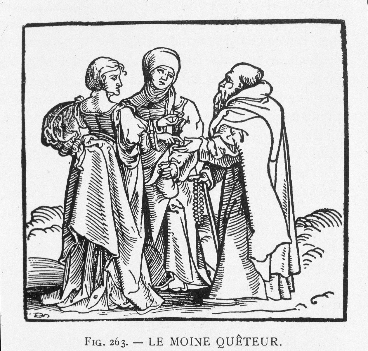Quetter-munken: trästick av J¿rg Breu, som bildar titeln på ett häfte i reformationens anda publicerad omkring 1522 i Augsburg: "" Vänligt samtal mellan en carme, från provinsen Österrike, och en tjänarinna"" av Jorg II Breu