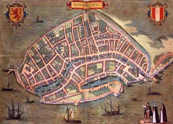 Karta över Dordrecht, från "Civitates Orbis Terrarum" av Georg Braun (1541-1622) och Frans Hogenburg (1535-90), ca 1572 (kolorerat gravyr) av Joris (after) Hoefnagel