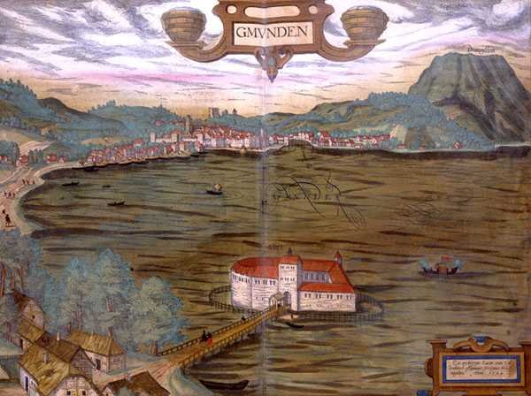 Karta över Gmunden, ur "Civitates Orbis Terrarum" av Georg Braun (1541-1622) och Frans Hogenberg (1535-90) 1594 (färggrafit) av Joris (after) Hoefnagel