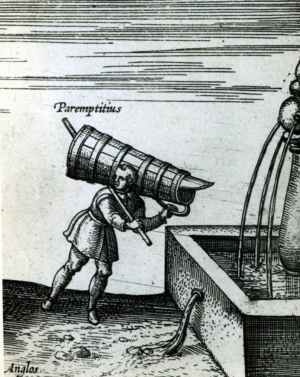 En lærling henter vand fra et springvand (detalje af 105365) sved av Joris Hoefnagel