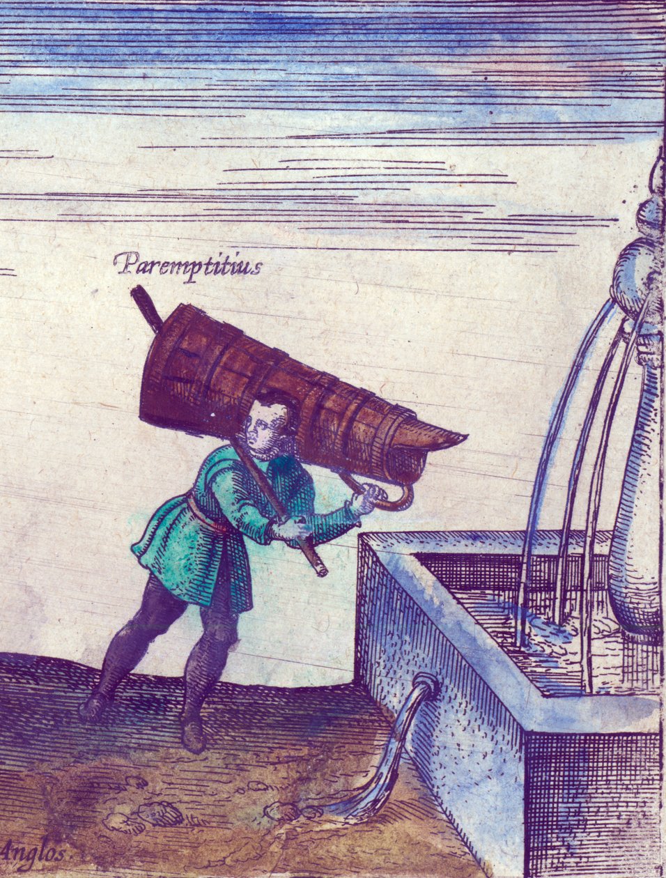 En lärling hämtar vatten från en fontän, 1598 handfärgad koppargravyr detalj av 324184 av Joris Hoefnagel