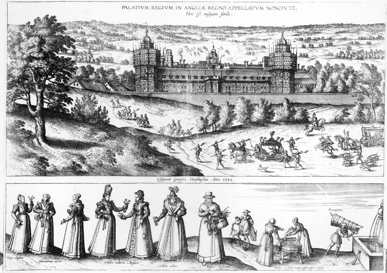 Ankomst av drottning Elizabeth I till Nonsuch Palace och män och kvinnor från Tudor Society, 1582 av Joris Hoefnagel
