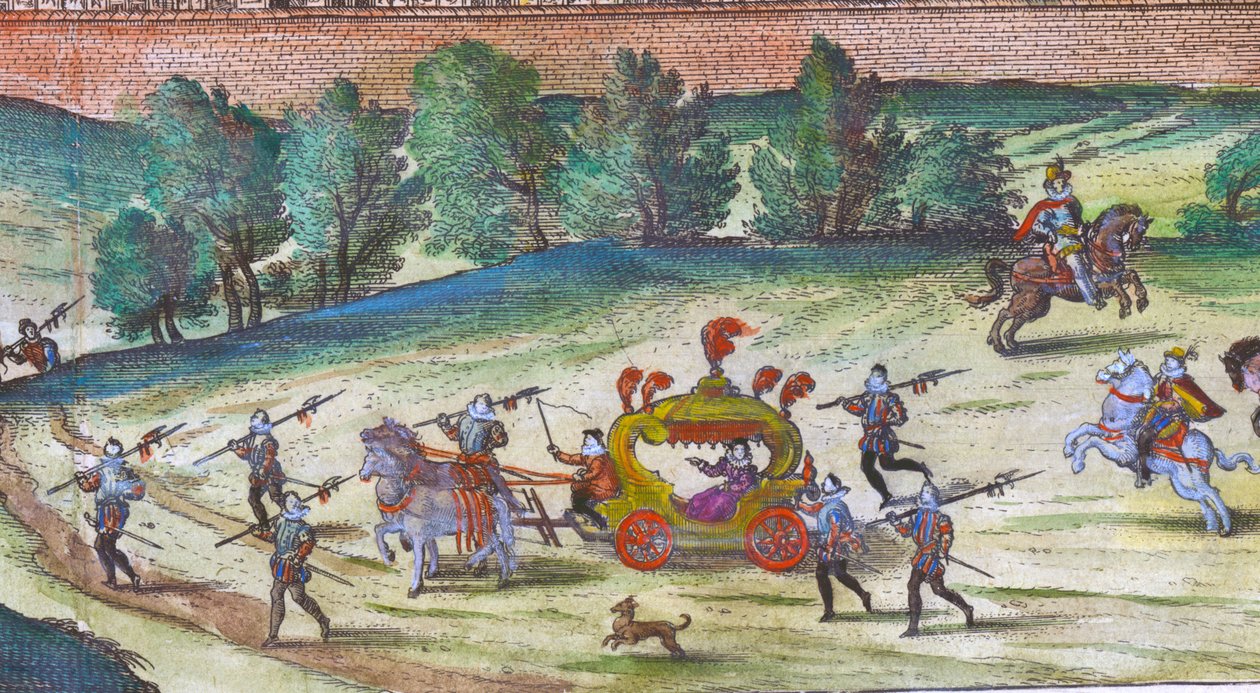 Drottning Elizabeth I:s ankomst till Nonesuch Palace med sina hovmän, vakter och hundar, 1598 handfärgad kopparstickdetalj av 324184 av Joris Hoefnagel