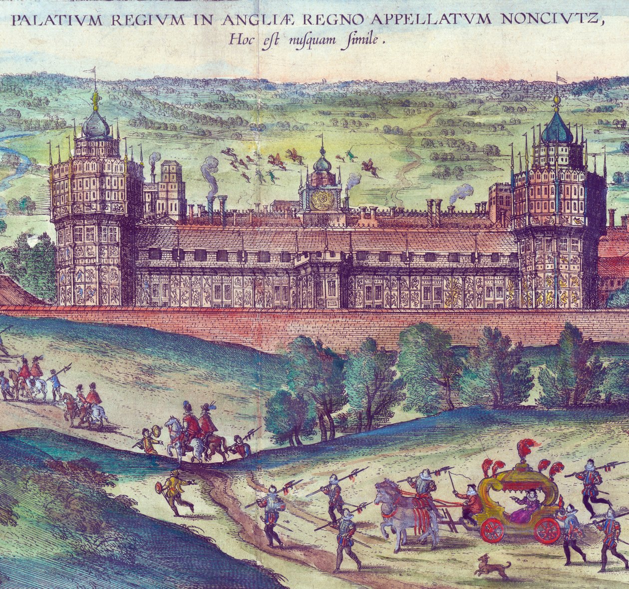 Drottning Elizabeth I:s ankomst till Nonsuch Palace, 1598 handfärgad koppargravyr detalj av 324184 av Joris Hoefnagel