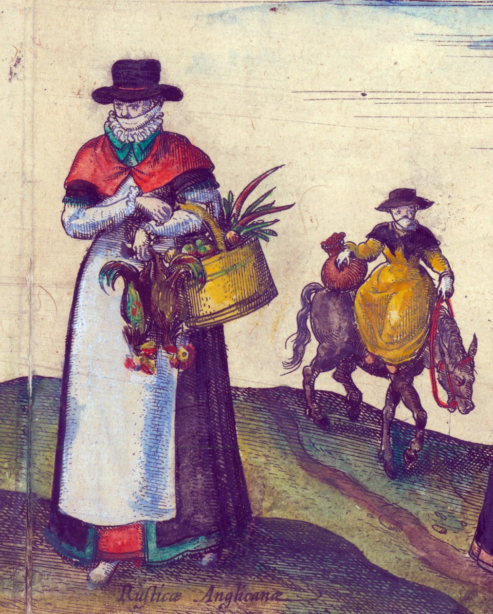 Countryfolk som går till marknaden, 1598 handfärgad kopparstickdetalj av 324184 av Joris Hoefnagel