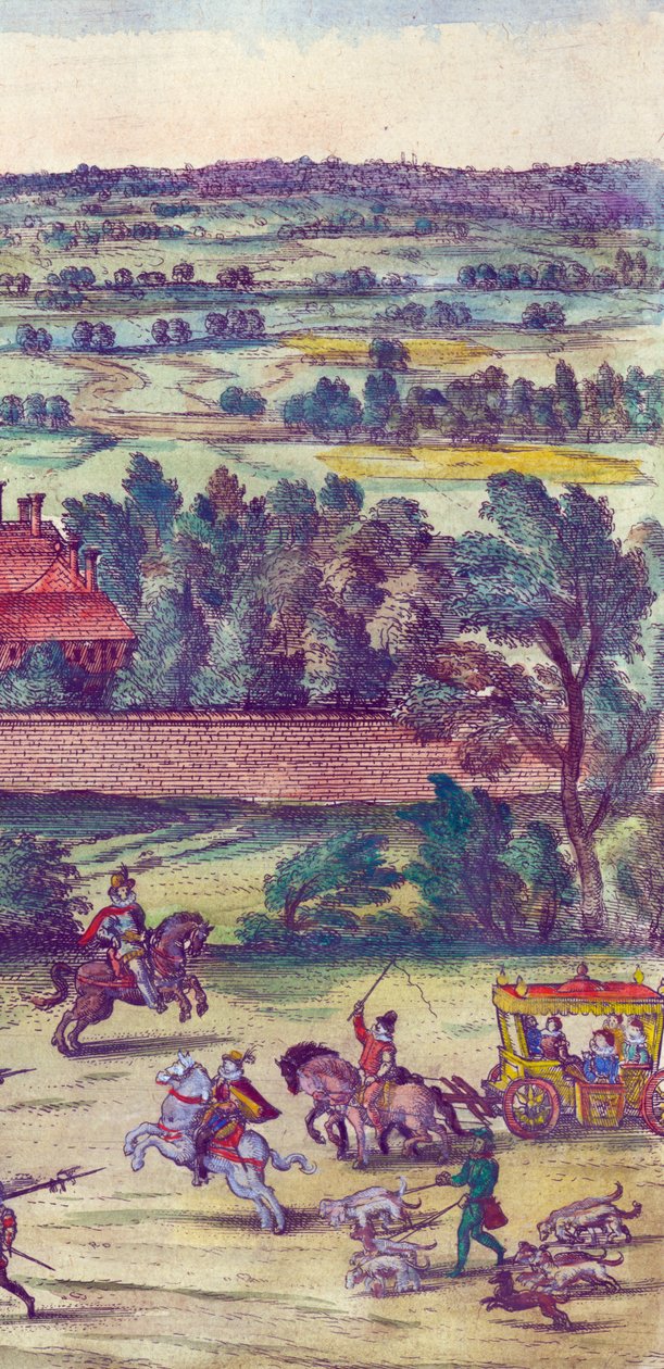 Hovmän och jakthundar som åtföljer ankomsten av drottning Elizabeth I till Nonsuch Palace, 1598 handfärgad koppargravyr detalj av 324184 av Joris Hoefnagel