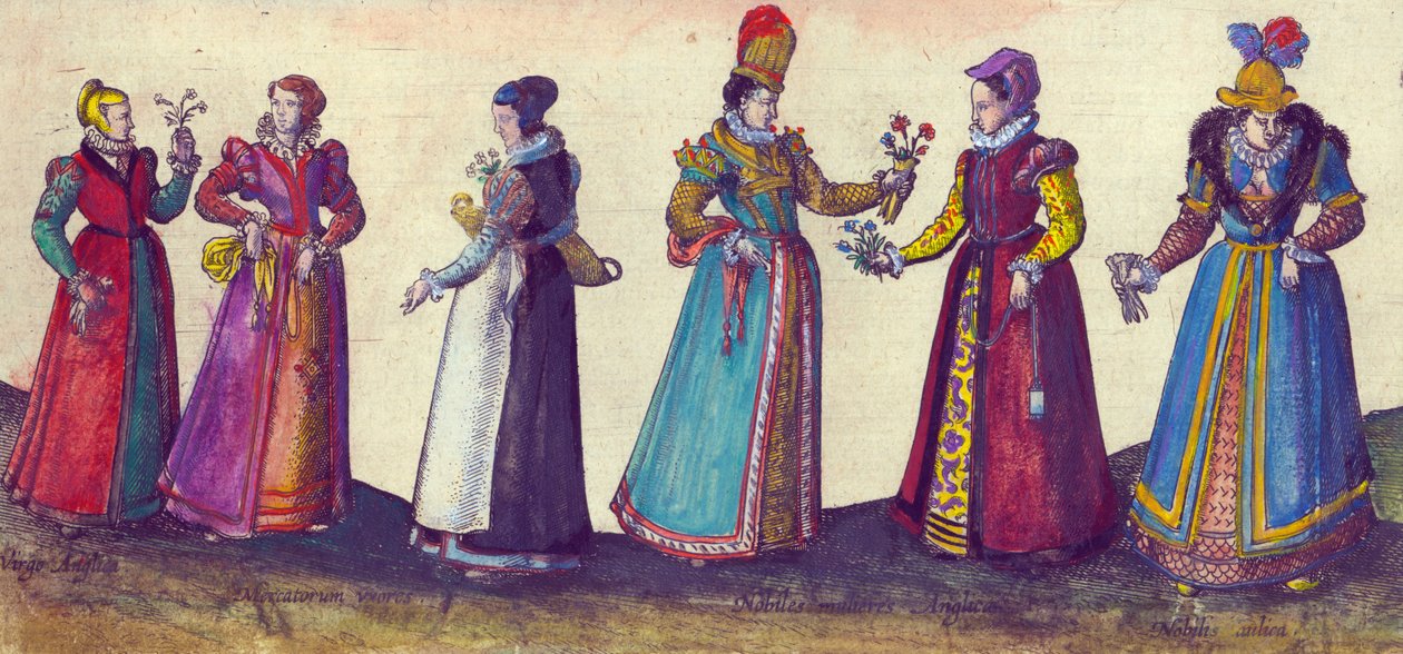 Engelska kvinnor från den elisabetanska eran, 1598 (handfärgad kopparstick) av Joris Hoefnagel