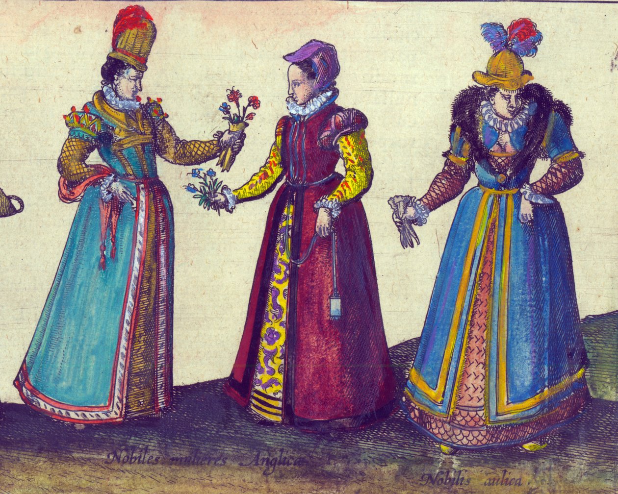 Engelska kvinnor från den elisabetanska eran, 1598 handfärgad koppargravyr detalj av 324184 av Joris Hoefnagel