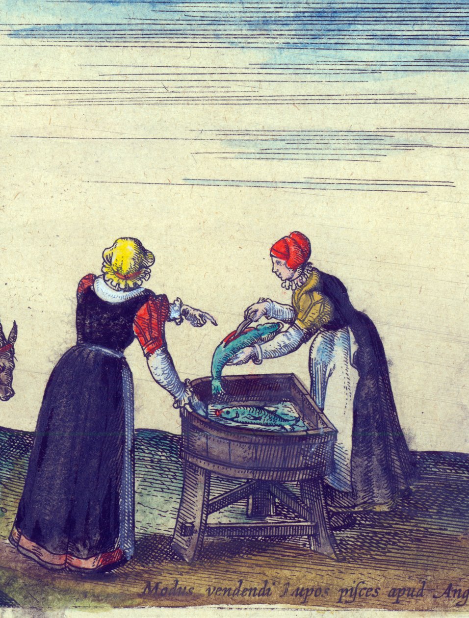 Fiskfruar som säljer och rensar gädda, 1598 handfärgad koppargravyr detalj av 324184 av Joris Hoefnagel