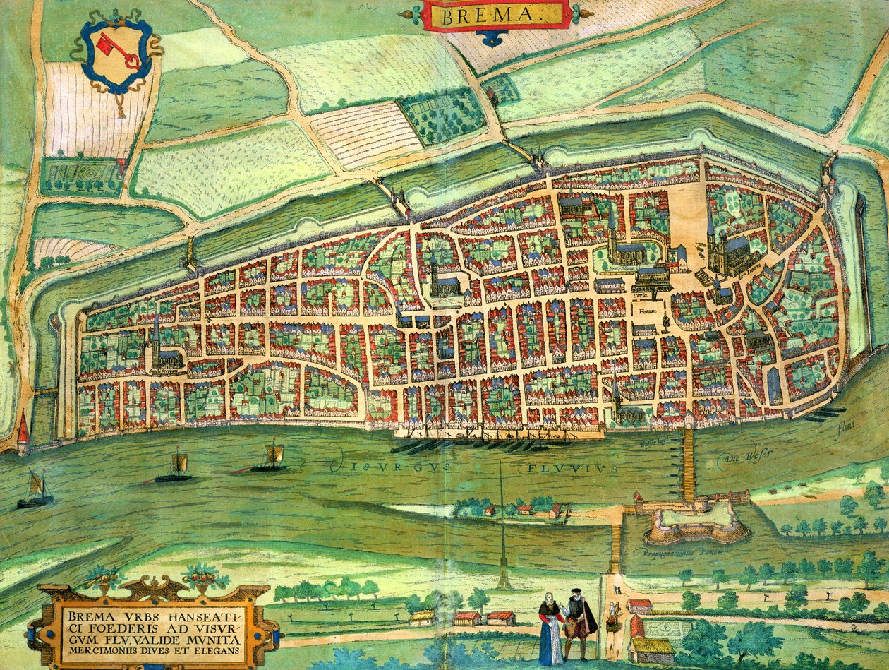 Karta över Bremen, från "Civitates Orbis Terrarum" av Georg Braun (1541-1622) och Frans Hogenberg (1535-90) ca 1572-1617 av Joris Hoefnagel