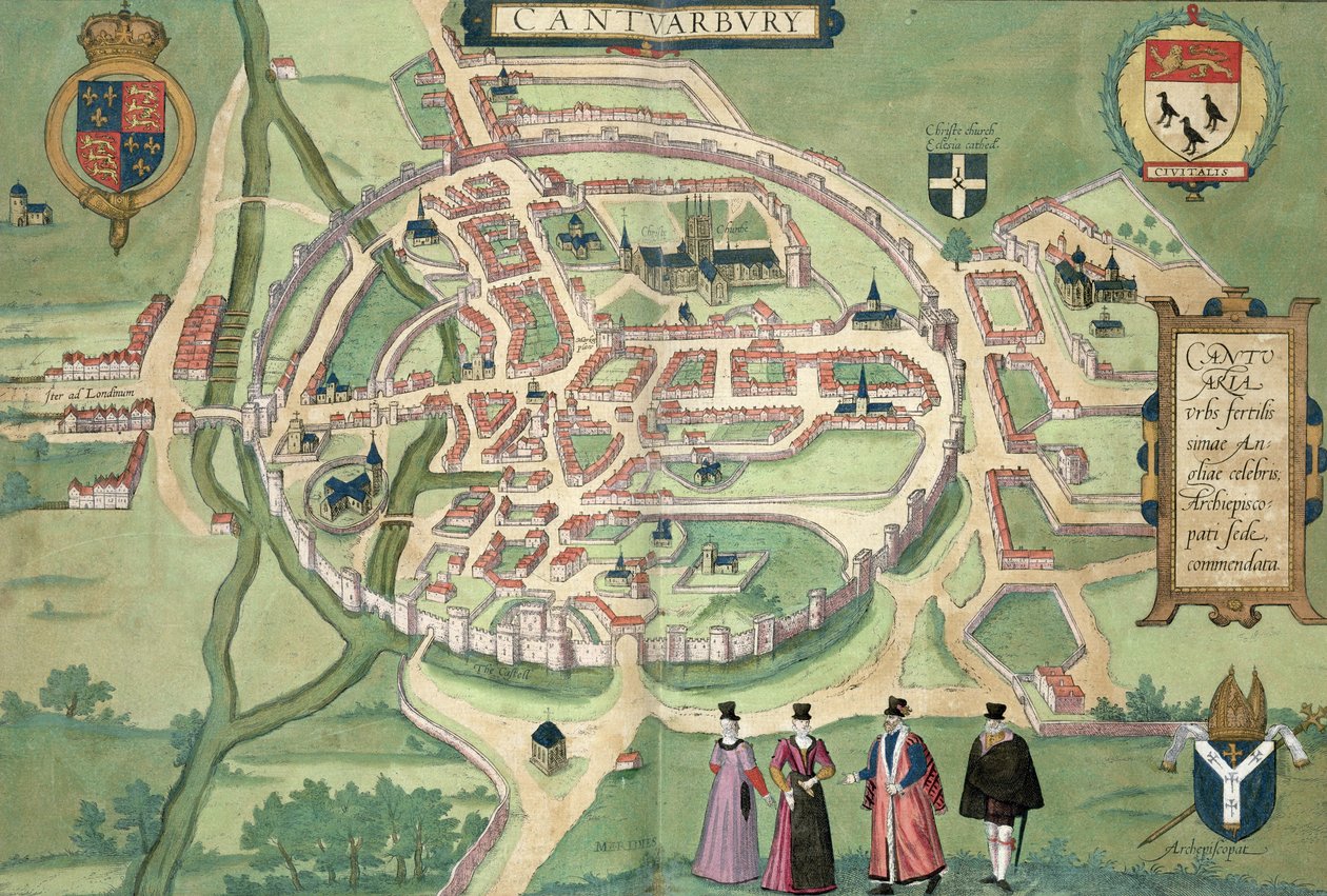 Karta över Canterbury, från "Civitates Orbis Terrarum" av Georg Braun (1541-1622) och Frans Hognenberg (1535-90) ca 1572-1617 av Joris Hoefnagel