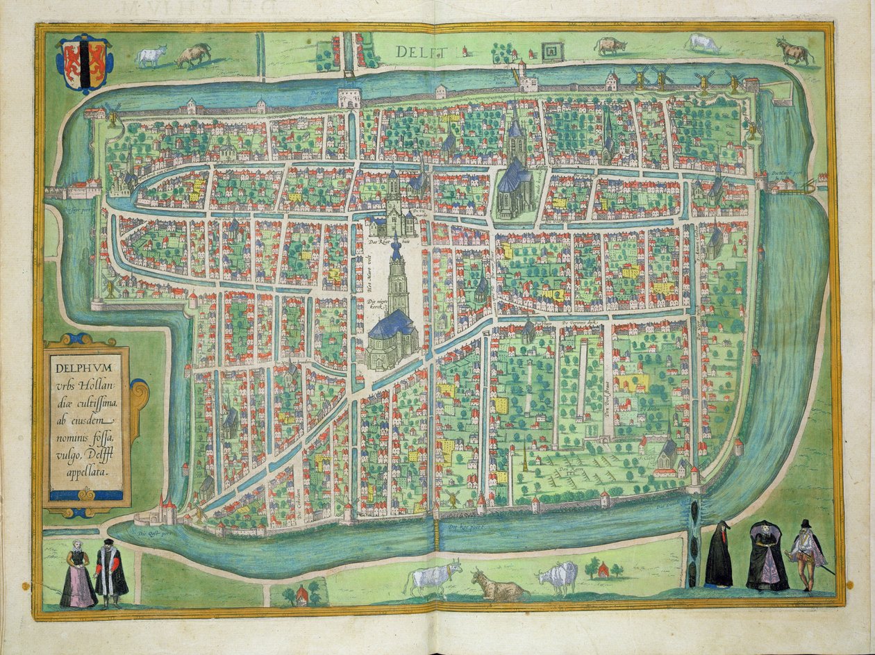 Karta över Delft, från "Civitates Orbis Terrarum" av Georg Braun (1541-1622) och Frans Hogenberg (1535-90) ca 1572-1617 av Joris Hoefnagel