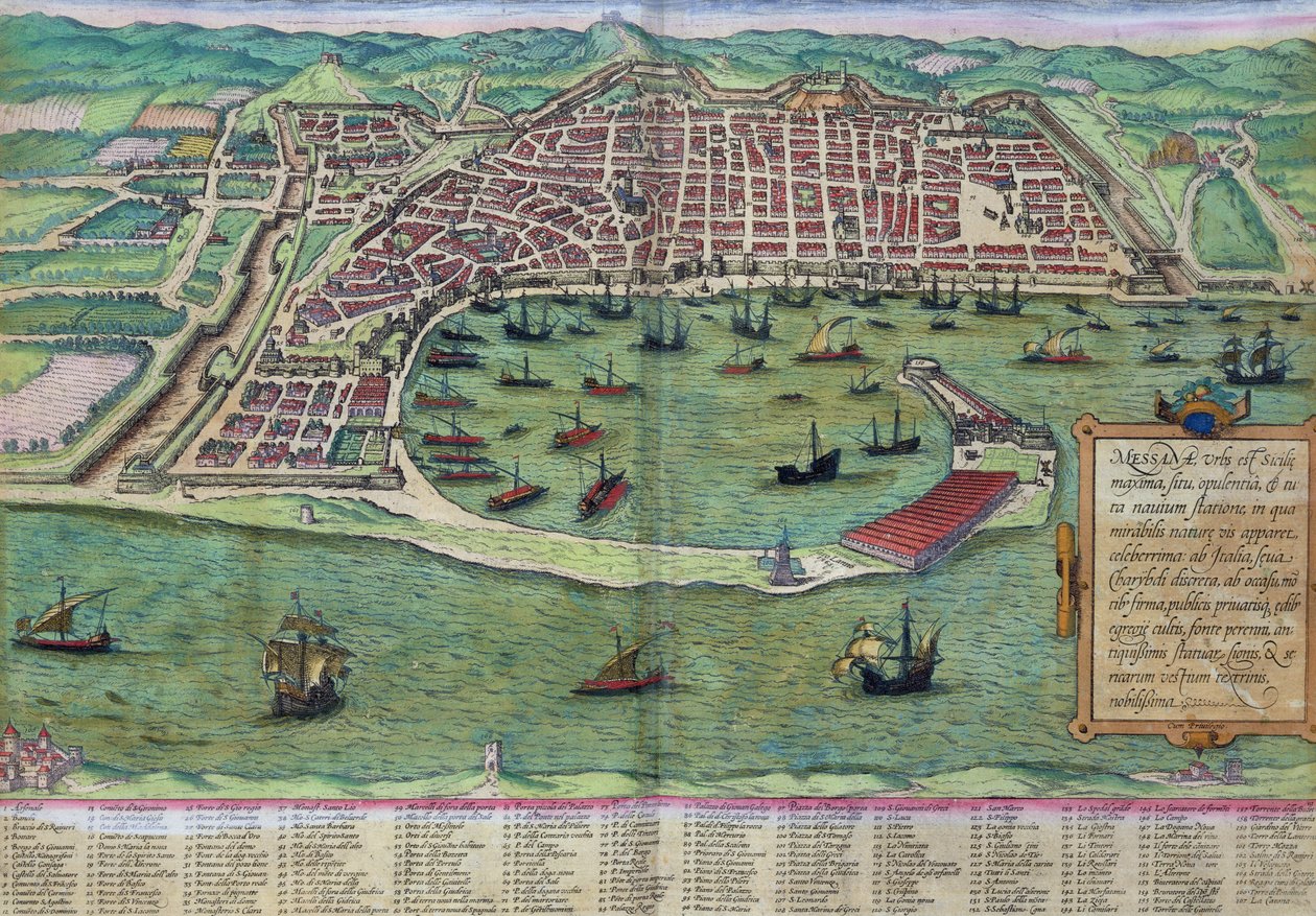Karta över Messina, från "Civitates Orbis Terrarum" av Georg Braun (1541-1622) och Frans Hogenberg (1535-90), ca 1572 av Joris Hoefnagel