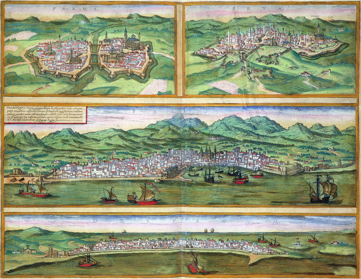 Karta över Parma, Siena, Palermo och Drepanum, från "Civitates Orbis Terrarum" av Georg Braun (1541-1622) och Frans Hogenberg (1535-90), ca 1572 av Joris Hoefnagel