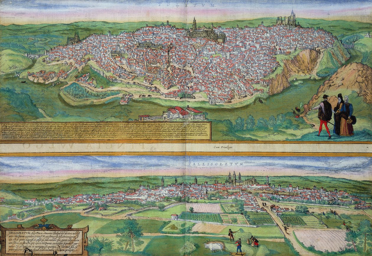 Karta över Toledo och Valladolid, från "Civitates Orbis Terrarum" av Georg Braun (1541-1622) och Frans Hogenberg (1535-90), ca 1572 av Joris Hoefnagel