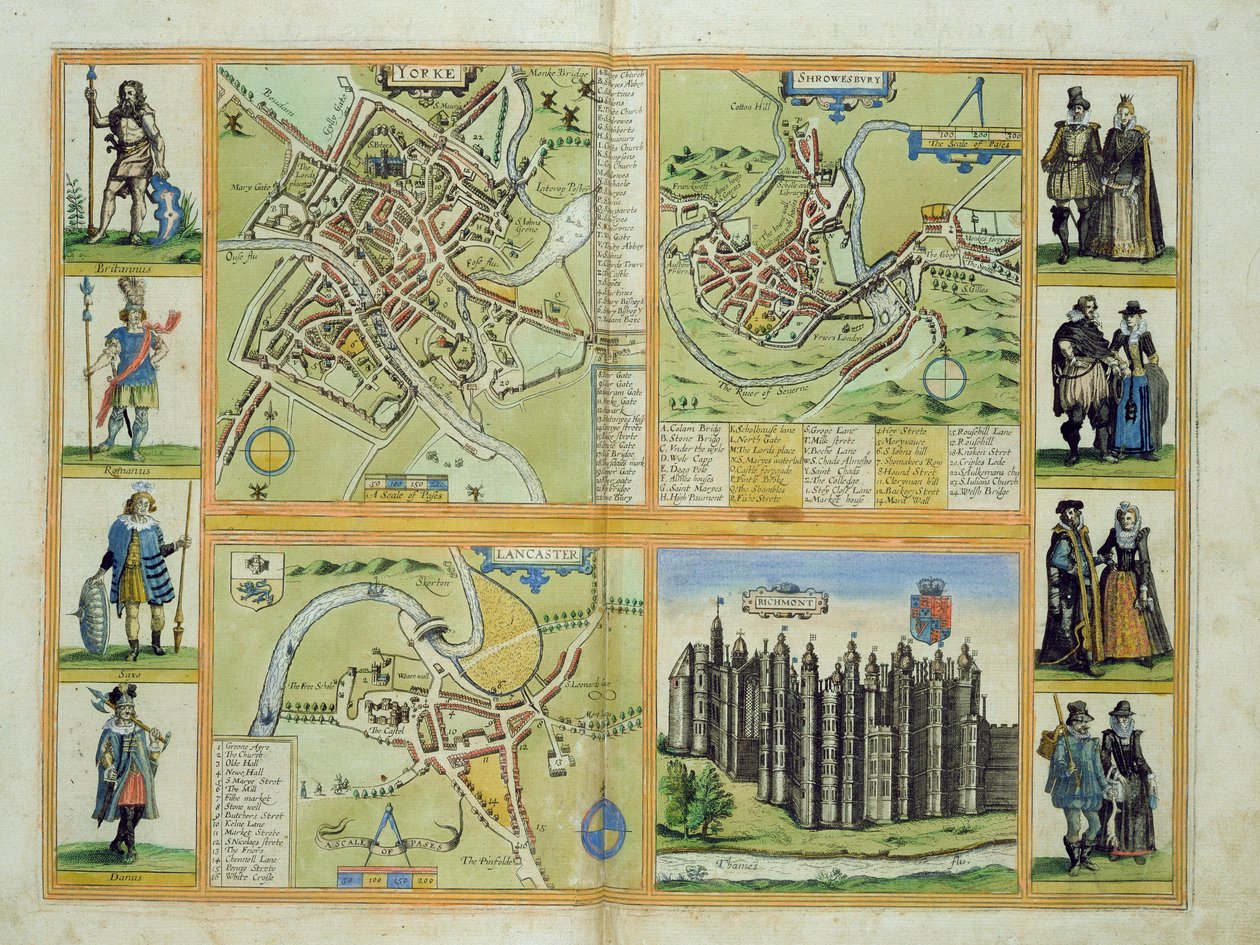 Kartor över York, Shrewsbury, Lancaster och Richmond, från "Civitates Orbis Terrarum" av Georg Braun (1541-1622) och Frans Hogenberg (1535-90), ca 1572-1617. av Joris Hoefnagel