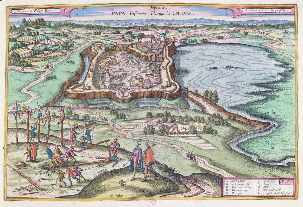 Den ungerska fästningen Papa vid tiden för den osmanska belägringen, ur "Le Theatre du Monde" av Georg Braun (1541-1622) utgiven i Köln 1572-1618, 1617. av Joris Hoefnagel