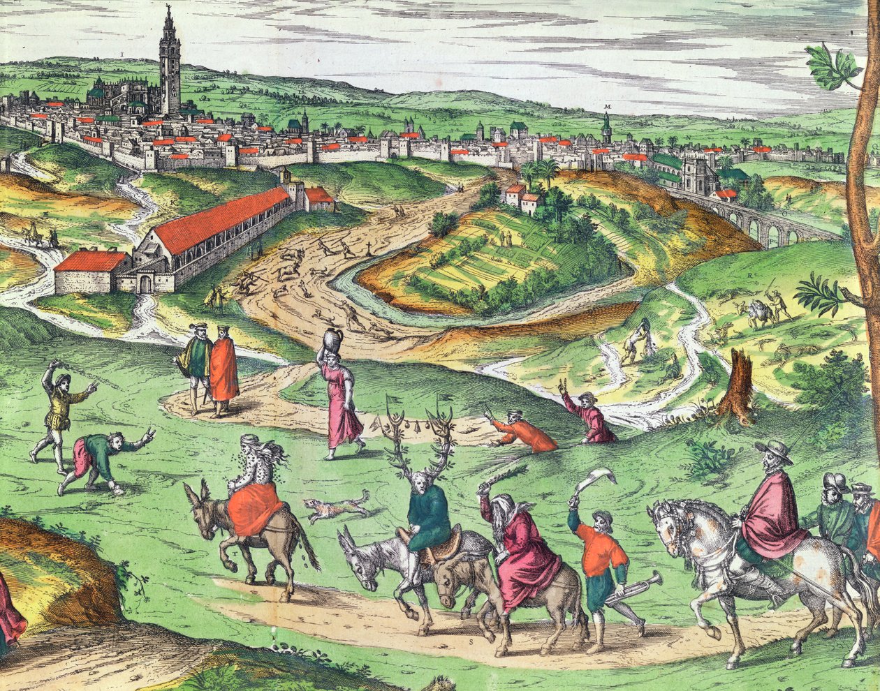 Stadsplan för Sevilla, från Civitates Orbis Terrarum av Georg Braun 1541-1622 och Frans Hogenberg 1535-90, 1593 färgad gravyrdetalj av 121051 av Joris Hoefnagel