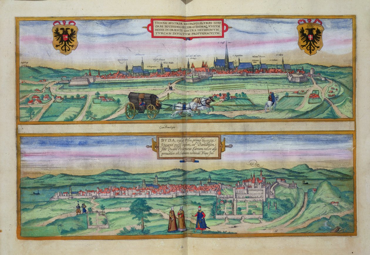 Stadsplan över Wien och Buda, från "Civitates Orbis Terrarum" av Georg Braun (1541-1622) och Frans Hogenberg (1535-90), omkring 1572. av Joris Hoefnagel
