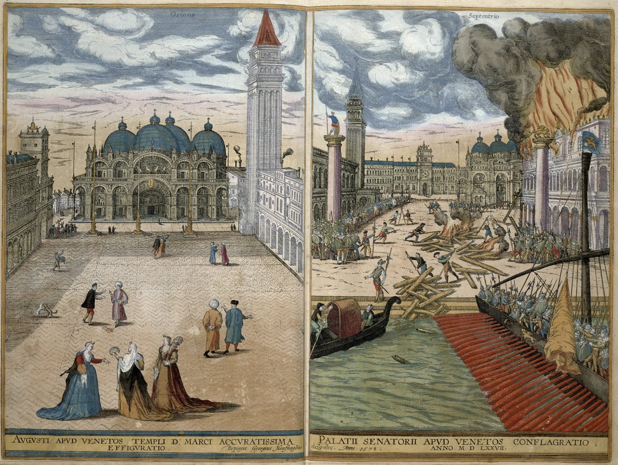 Vy över San Marco och det brinnande Palazzo Ducale från Civitates Orbis Terrarum av Georg Braun (1541-1622) och Frans Hogenberg (1535-90) 1578 av Joris Hoefnagel