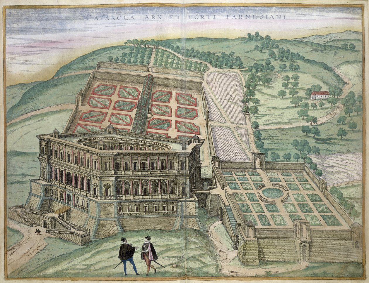 Utsikt över Villa Farnese och trädgårdarna, från "Civitates Orbis Terrarum" av Georg Braun (1541-1622) och Frans Hogenberg (1535-90) c, 1572-1617 av Joris Hoefnagel